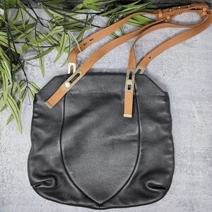 Stuart Weitzman | Black Snap Top Shoulder Bag with Tan Straps